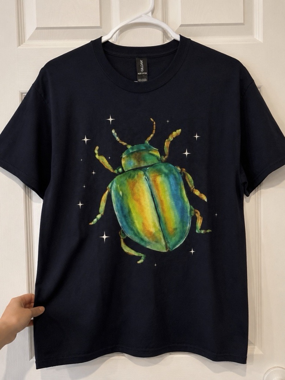 Gildan Black Short-Sleeve Tee with Metallic Green & Yellow Beetle Print